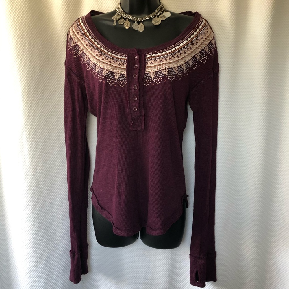 We The Free Burgundy LS embroidered neckline top.